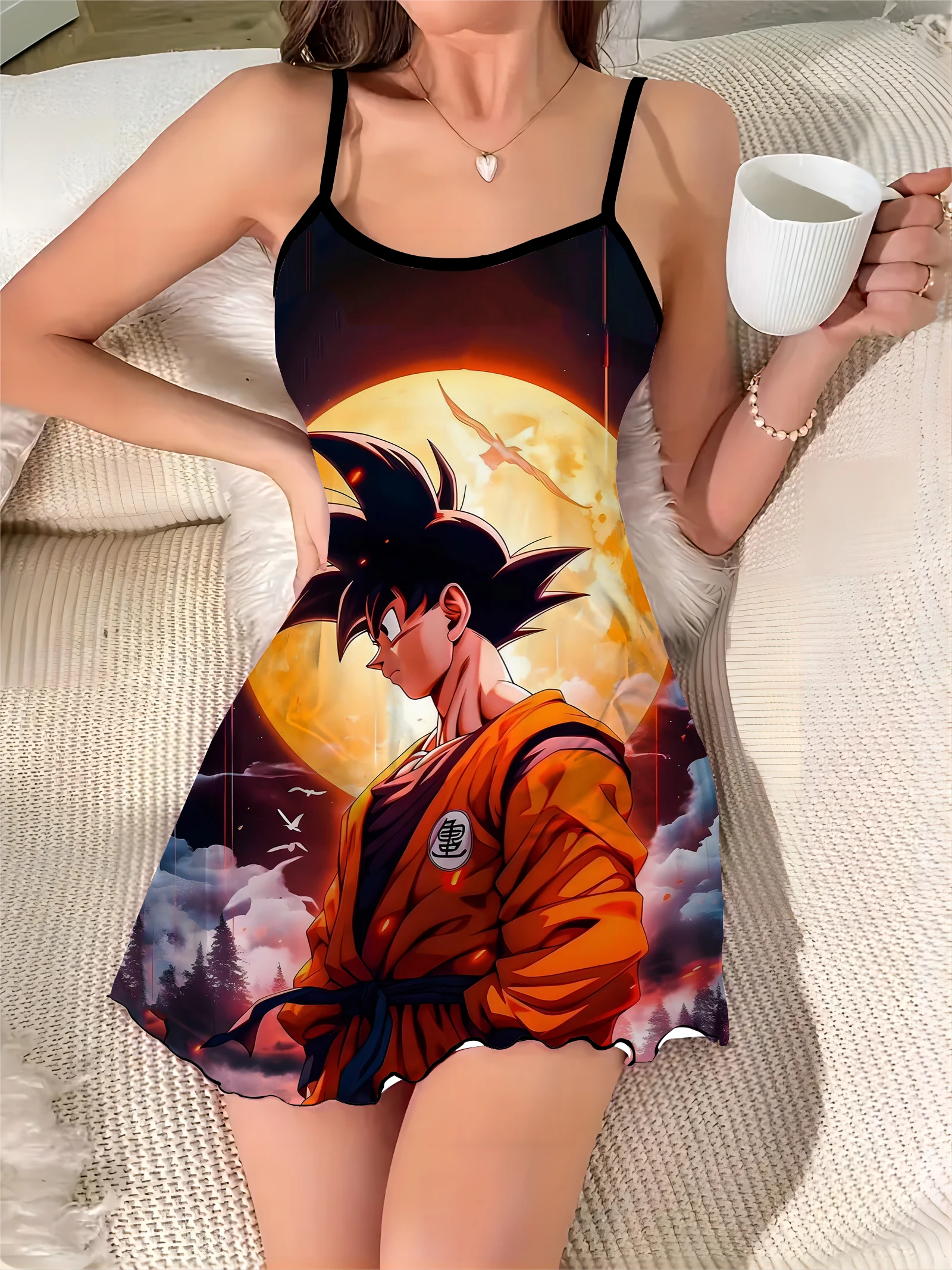 Fashion Summer Dresses 2024 Mini Dress Lettuce Trim Dragon Ball Son Goku Crew Neck Elegant Women Chic Sexy Trim Neck Slip Dress