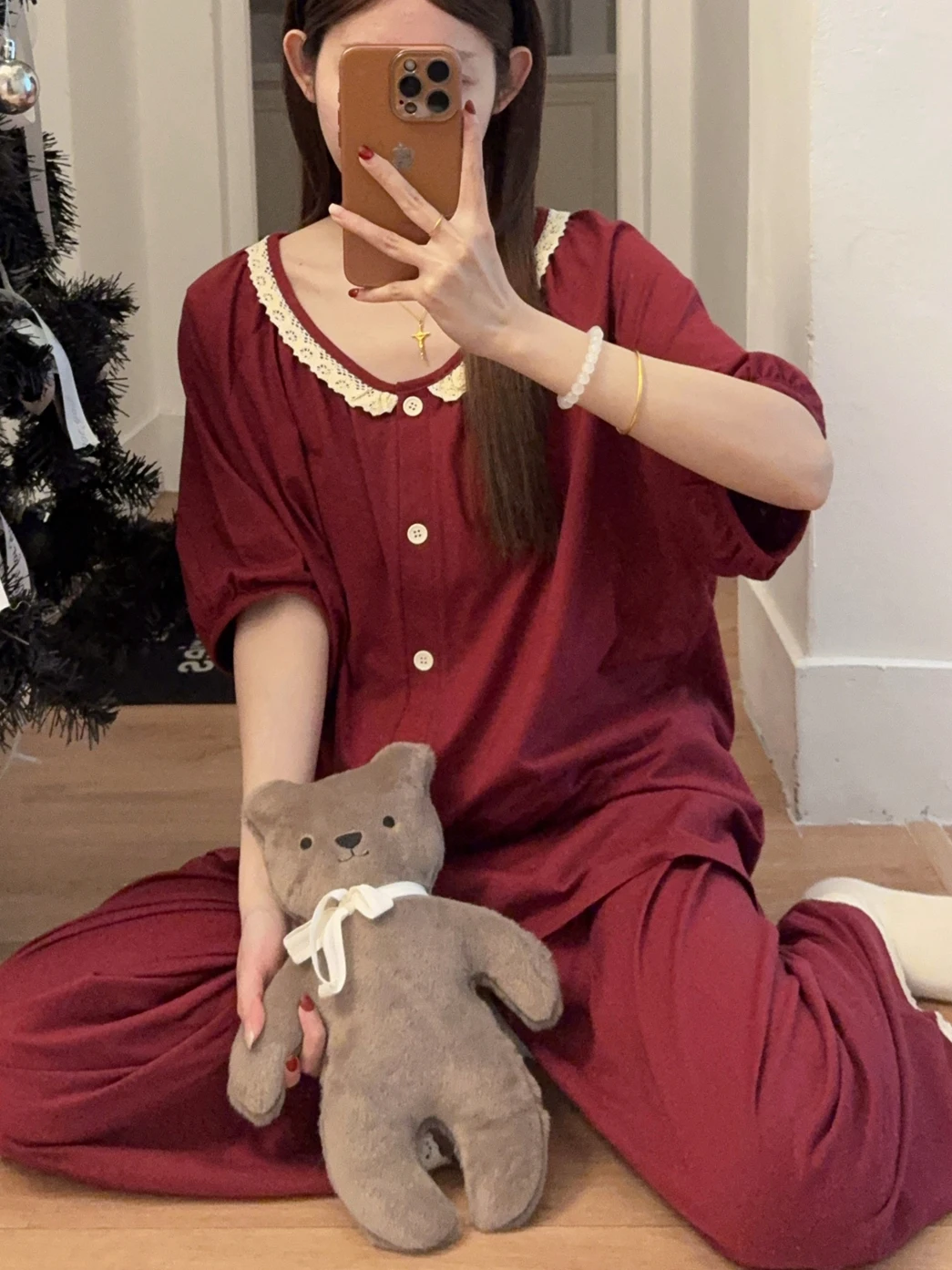 

Новинка 2026: Весенний комплект женской пижамы из хлопка с коротким рукавом и длинными брюками, кружевной, повседневный, для дома, удобный, дышащий