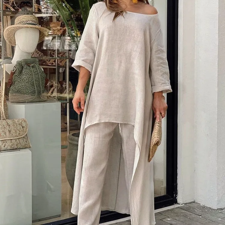 2023 Autumn Women\'s Set Cotton Hemp Fashion Casual Irregular Solid Color Long Sleeve Set Wide Leg Pants Two Piece Set