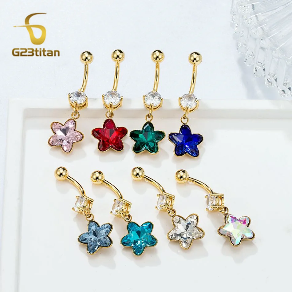 Crystal Star Hanging Belly Piercing Jewelry 14G Surgery Titanium Curved Barbell Golden Navel Rings Women Sexy Body Accessories