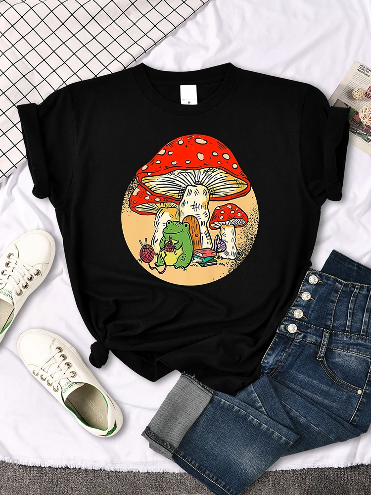 Cute Cottagecore Aesthetic Frog Kinting Mushroom T-Shirt Women Summer Soft T Shirts Breathable Short Sleeve Sport Casual T Shirt