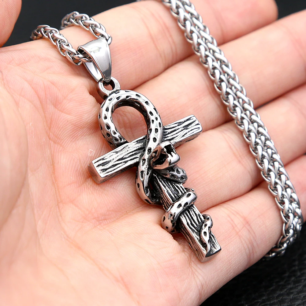 Vintage Punk Snake Cross Pendant Stainless Steel Anka Necklace For Men Women Fashion Unique Amulet Jewelry Gifts Dropshipping