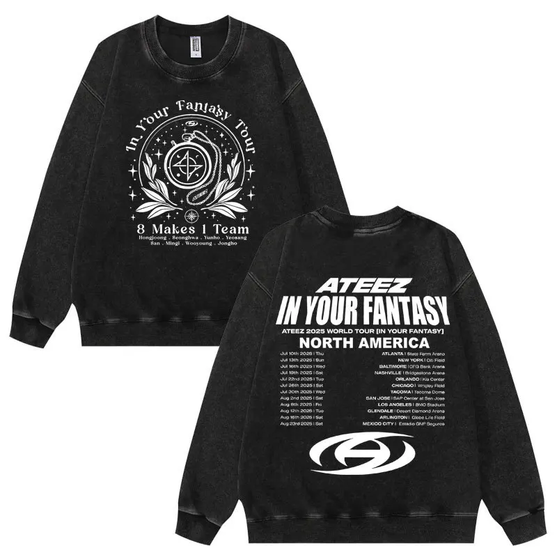 Ateez in Your Fantasy World Tour خمر غسل هوديي النساء الرجال س الرقبة طويلة الأكمام Crewneck البلوز بلوزة فضفاضة غير رسمية القمم
