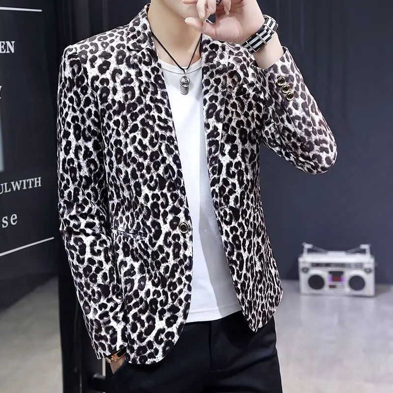Men's Leopard Print Blazer Slim Fit Korean Style Casual Suit Jacket Trendy Streetwear Single Breasted Coat Spring Autumn