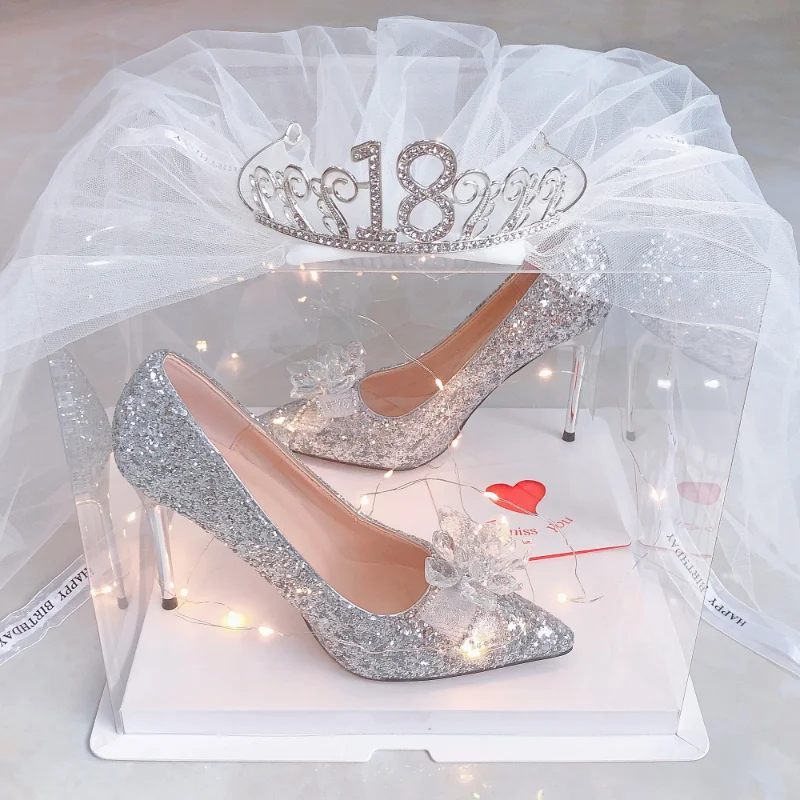 Shoes for Girls High Heels Rhinestone Elegant Woman Heeled Dress Bridal bow sweet Stiletto Princess style Birthday Gifts Adults