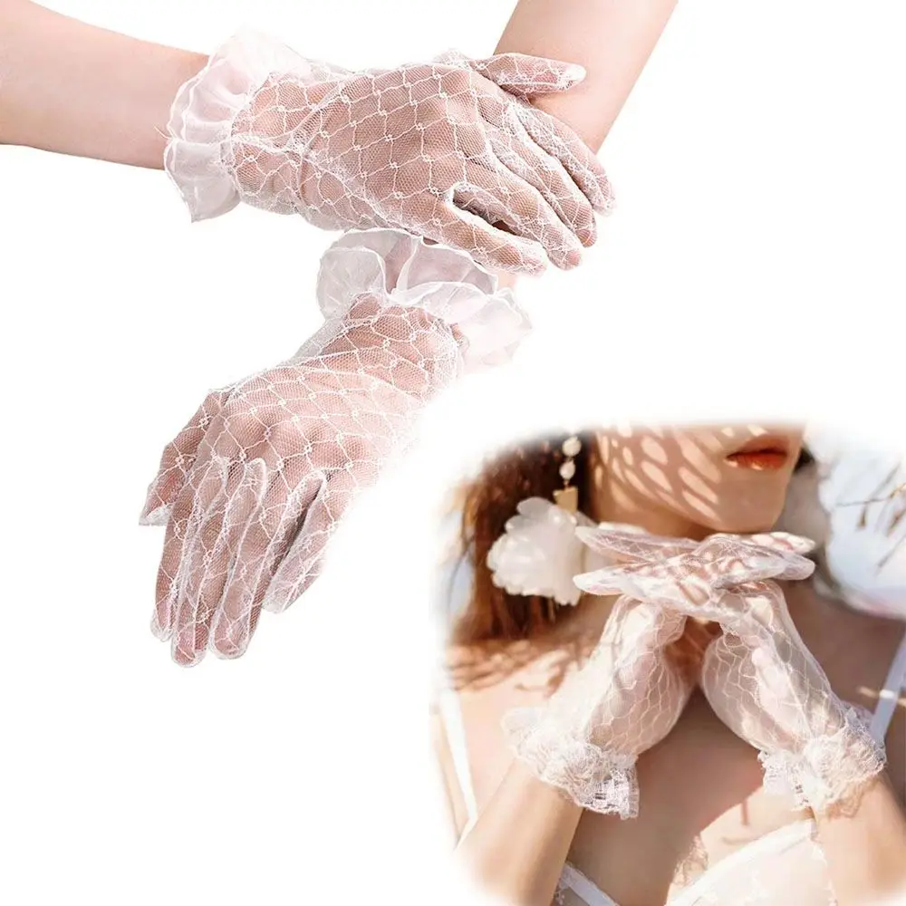 

White mesh fingered short bridal gloves, sexy transparent wrist length Wedding gloves, suitable for women's wedding accessories