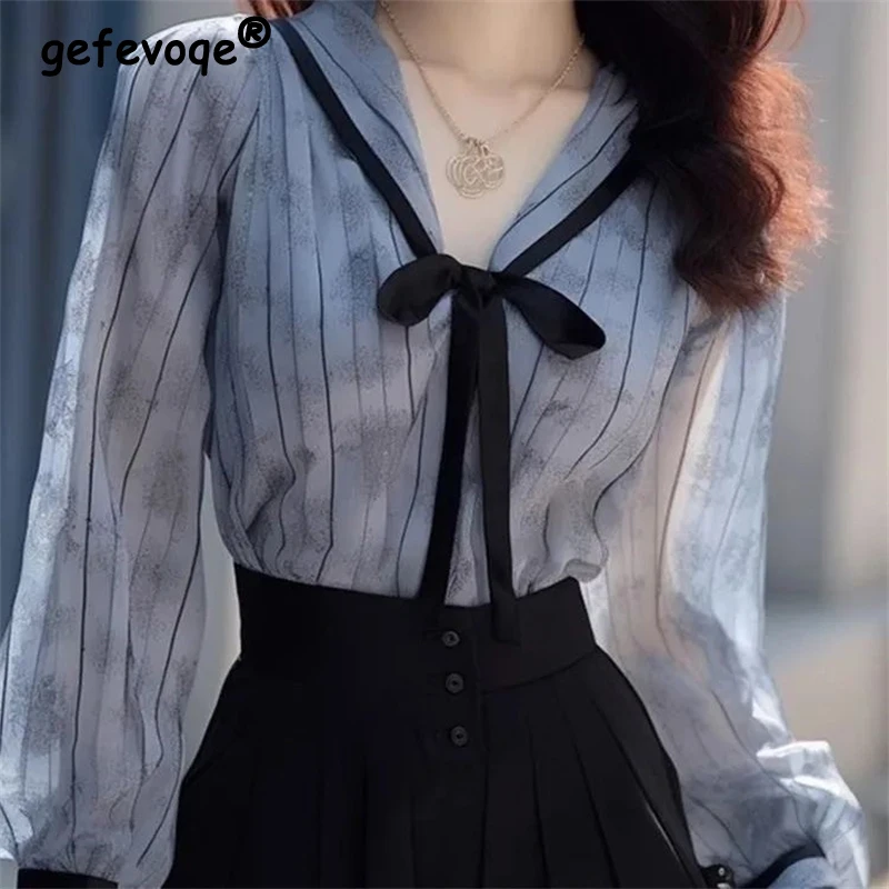 Women\'s Vintage Striped Print Patchwork Lace Up Bow Blouse Office Lady Elegant Casual Shirt V Neck Long Sleeve Tops Chic Blusas