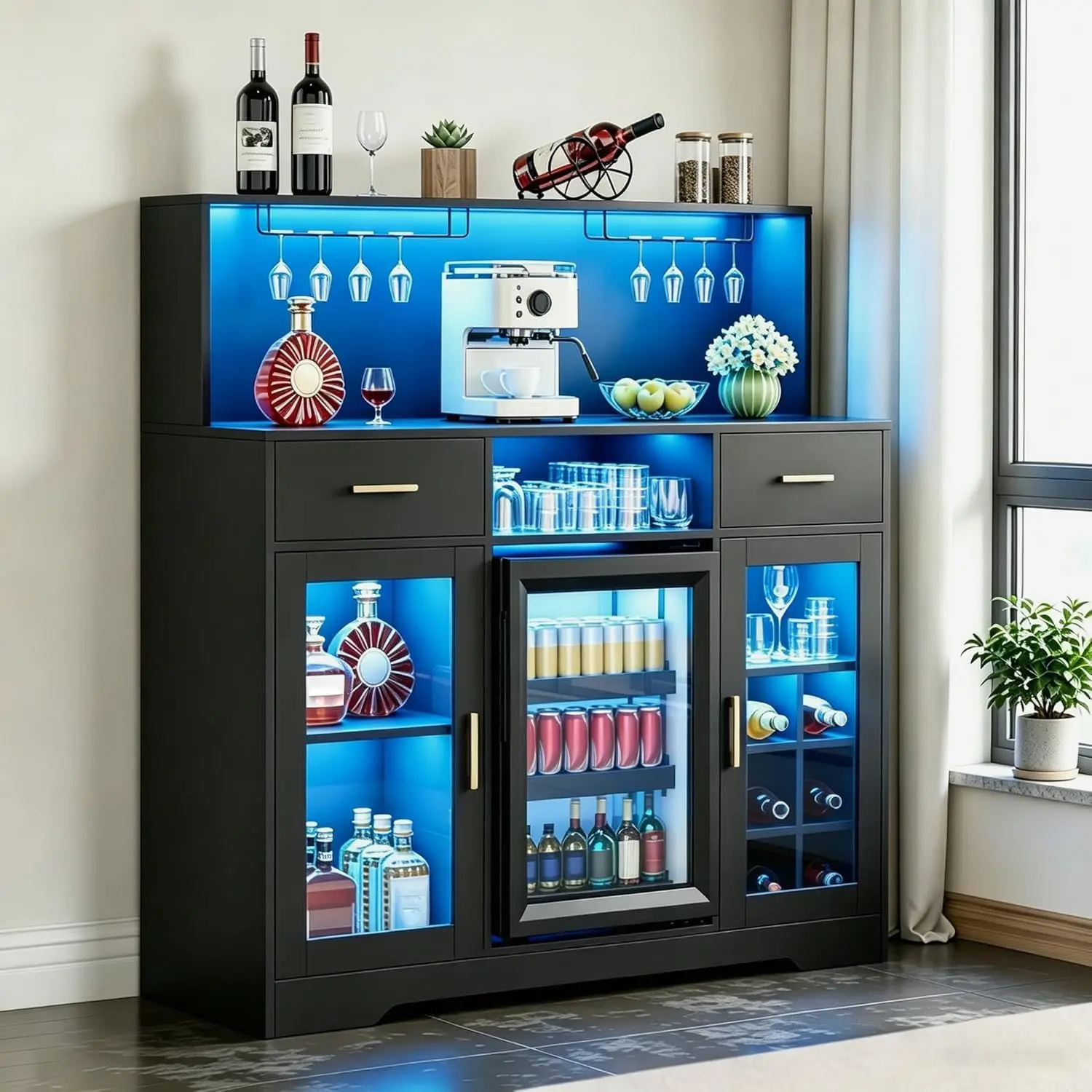 Wine Bar Cabinet Mini Fridge Space Power Outlet LED Light Coffee Bar Storage Buffet Kitchen Dining Living Room, Customized