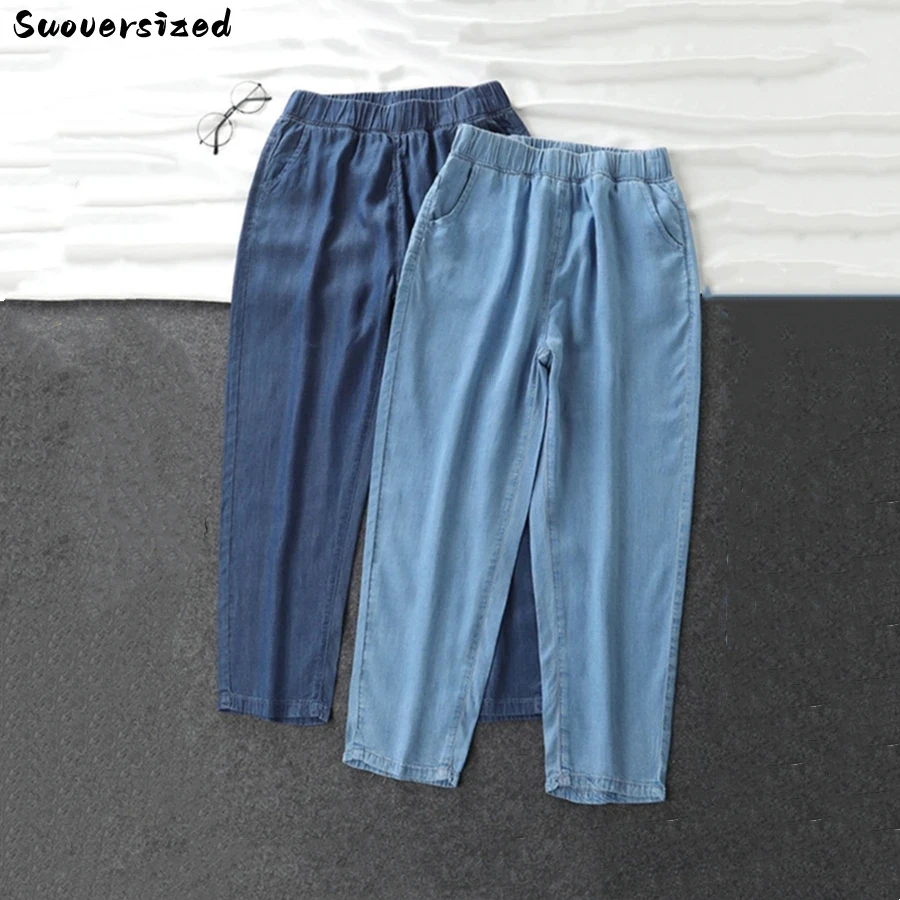 Cienkie klasyczne Oversize 8XL workowate dżinsy elastyczny, wysoki talia szerokie nogawki spodnie dżinsowe kobiety Capris Casual Harem Vaqueros koreański Pantalon