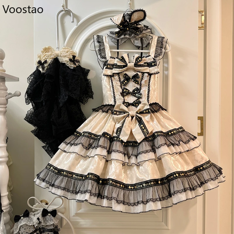 Abito gotico giapponese Lolita Jsk donna dolce Y2k fiocco Plaid Ruffles Patchwork abito senza maniche ragazze Kawaii Tea Party Mini abito