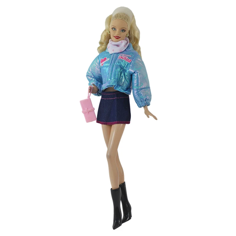 1Set Doll Changing Winter Blue Cotton Jacket Denim Short Skirt Scarf Shoe Bag Set