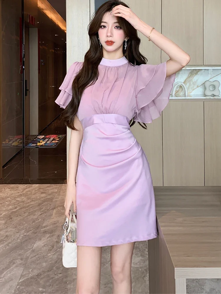 

Women Purple Sling Mini Dress+Ruffled Short Sleeve Top Shirts Two Piece Sets 2024 Summer Korean Fashion Elegant Bodycon Dresses