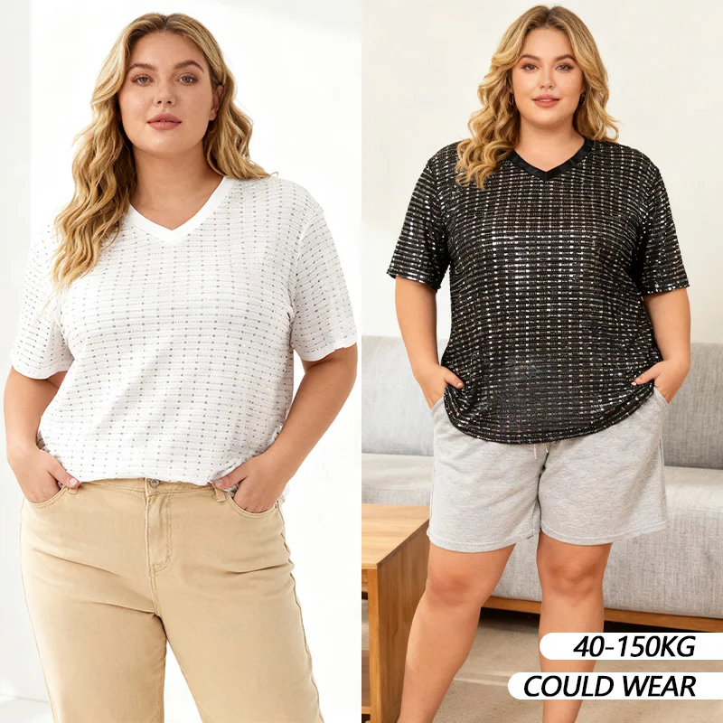 

【Oversized】 Women shining short sleeve v neck plain fashion casual t shirt,v neck tops, loose half sleeve sparkly shirt