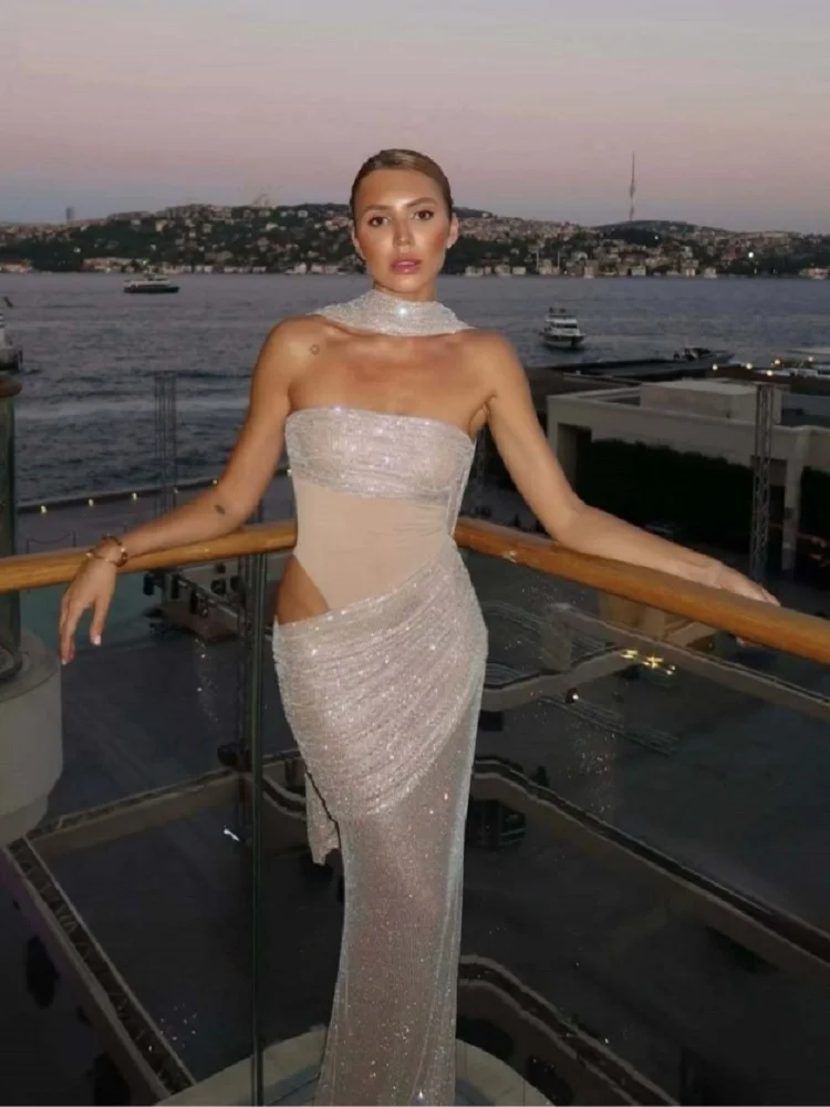 2025 mujeres celebridad Sexy fuera del hombro acanalado rebordear azul cielo Maxi Vestido largo elegante fiesta de noche Club Vestido