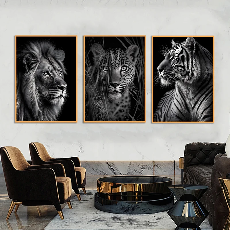 Black and White Wild Animals Poster Leopard Lion Tiger Print Canvas Wall Art Modern Painting HD Pictures for Home Bedroom Decor