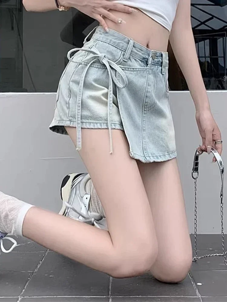 

Поддельные сексуальные шикарные шорты из двух предметов на шнуровке, женские летние базовые шорты с высокой талией, простые уличные повседневные модные женские джинсовые шорты