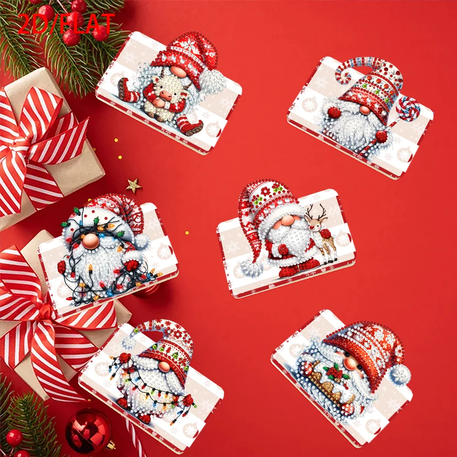 

6-piece diamond-painted foldable irregular-shaped greeting card set, Christmas dwarf design, creative holiday greeting cards.