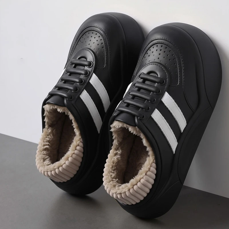 Waterproof Home Furry Slippers Woman Man Couple Fur Striped Sneakers Men Indoor Outdoor House Shoes Adult Closed Back Shoes
