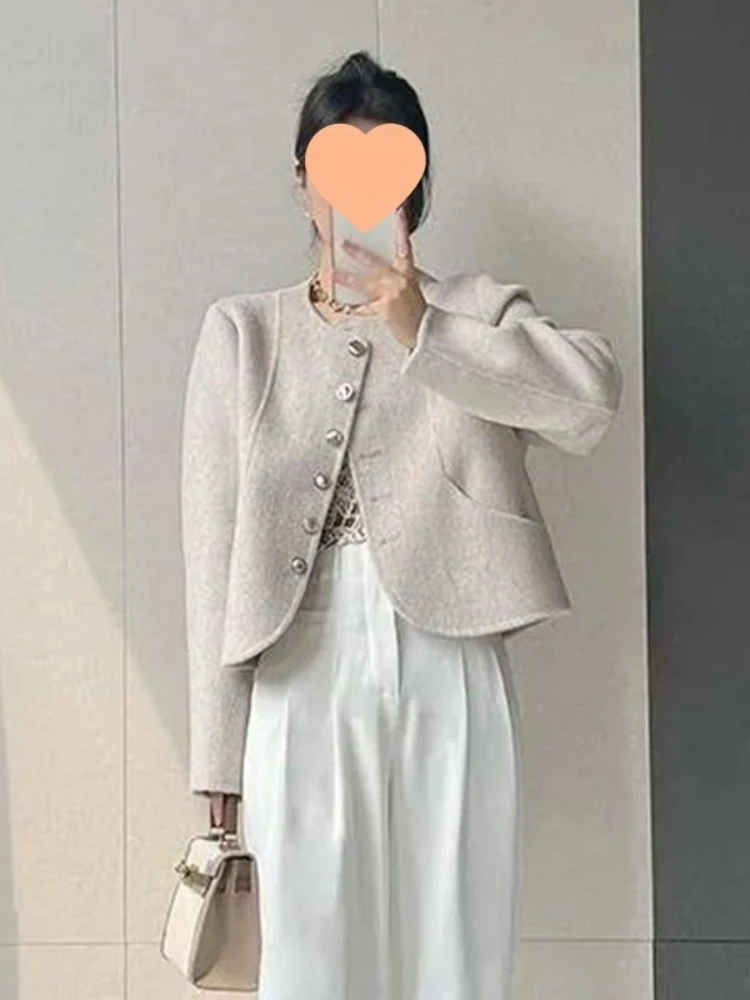 Autumn and Winter New Round Neck Woolen Short Jacket for Women Sweet and Short Top