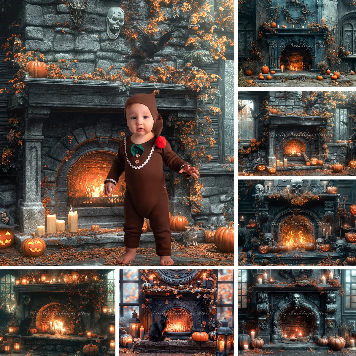 

Halloween Gothic Backgrounds Kids Adult Photography Props Child Baby Fireplace Pumpkin Black Cat Decors Photo Studio Backdrops