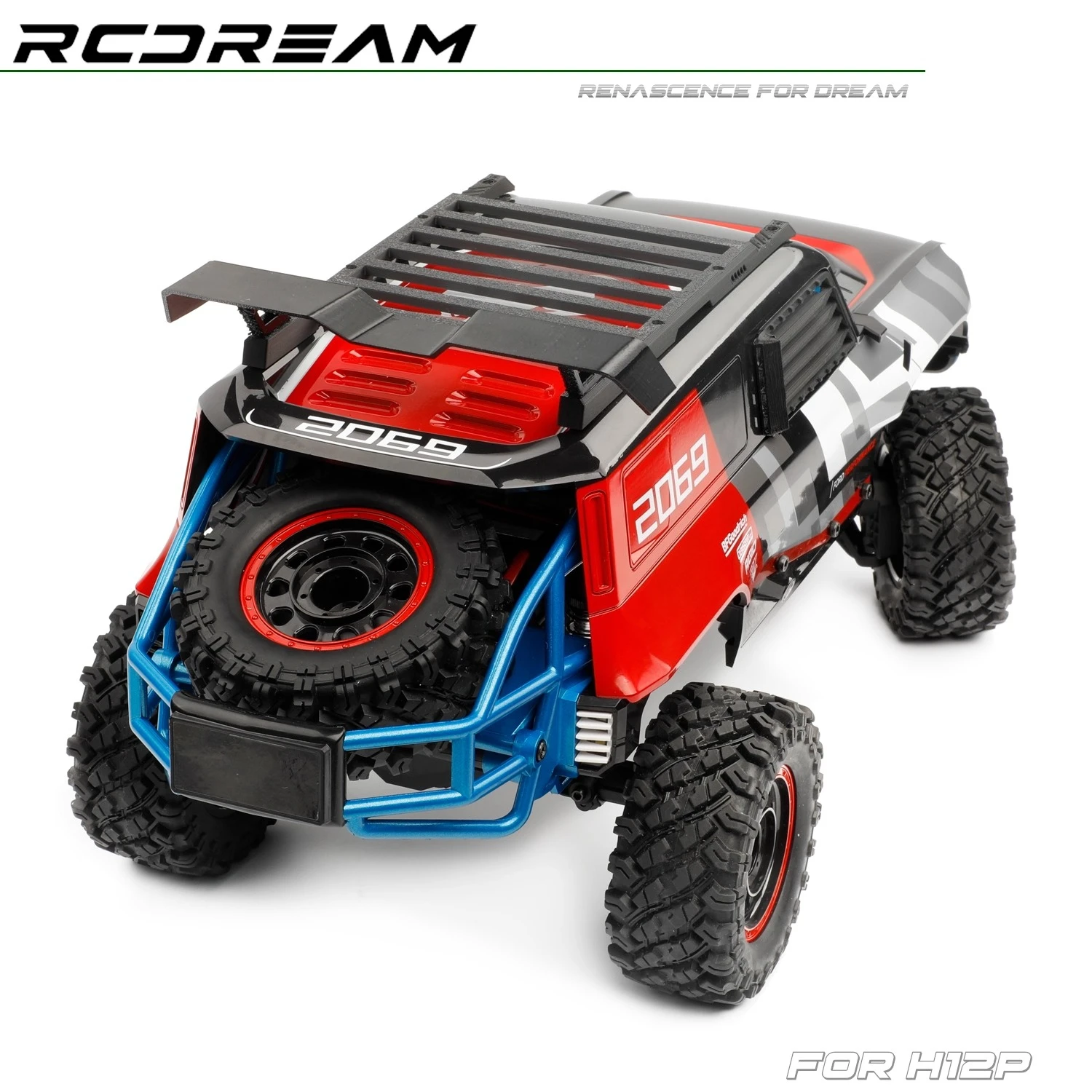 Akcesoria do modyfikacji MJX H12P: pałąk dachowy, wzmocniona kratka, tylne skrzydło, części do poprawy wyglądu samochodu RC MJX H12P w skali 1/12.