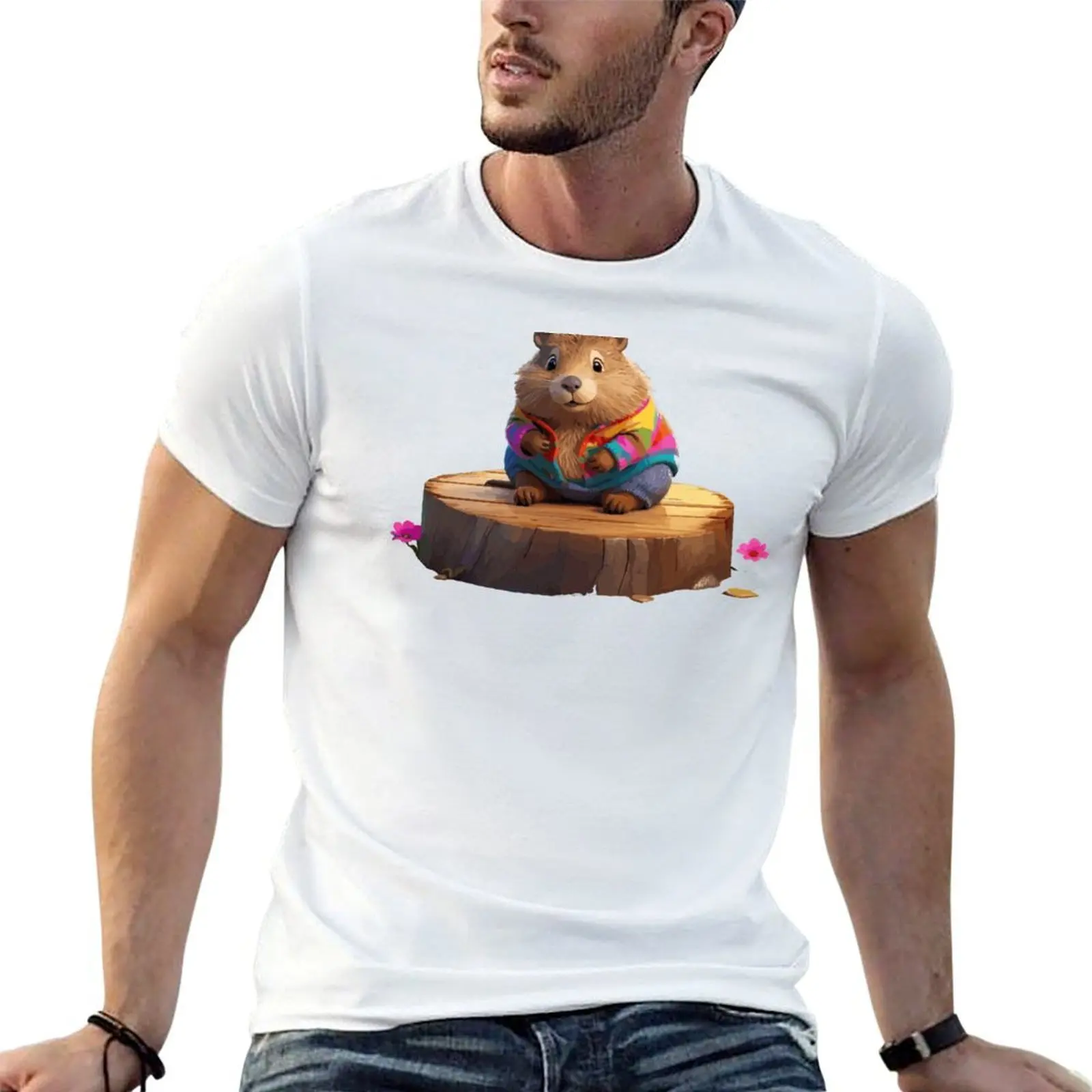 Beaver Bliss : T-shirt décontracté ample de grande taille avec imprimé de dessin animé fantaisie
