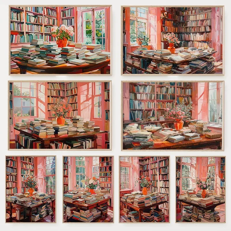 Vintage Library Book Shop Wall Art Poster Abstract Girly Retro Reading Living Room Home Decor Book Lovers Gift Canvas Paintin