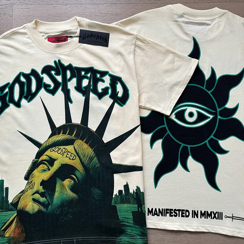 

Godspeed T-shirt Men's Streetwear Statue Of Liberty Print Casual Hip-Hop Round Neck Short Sleeve GOD SPEED Top Tee Shirts
