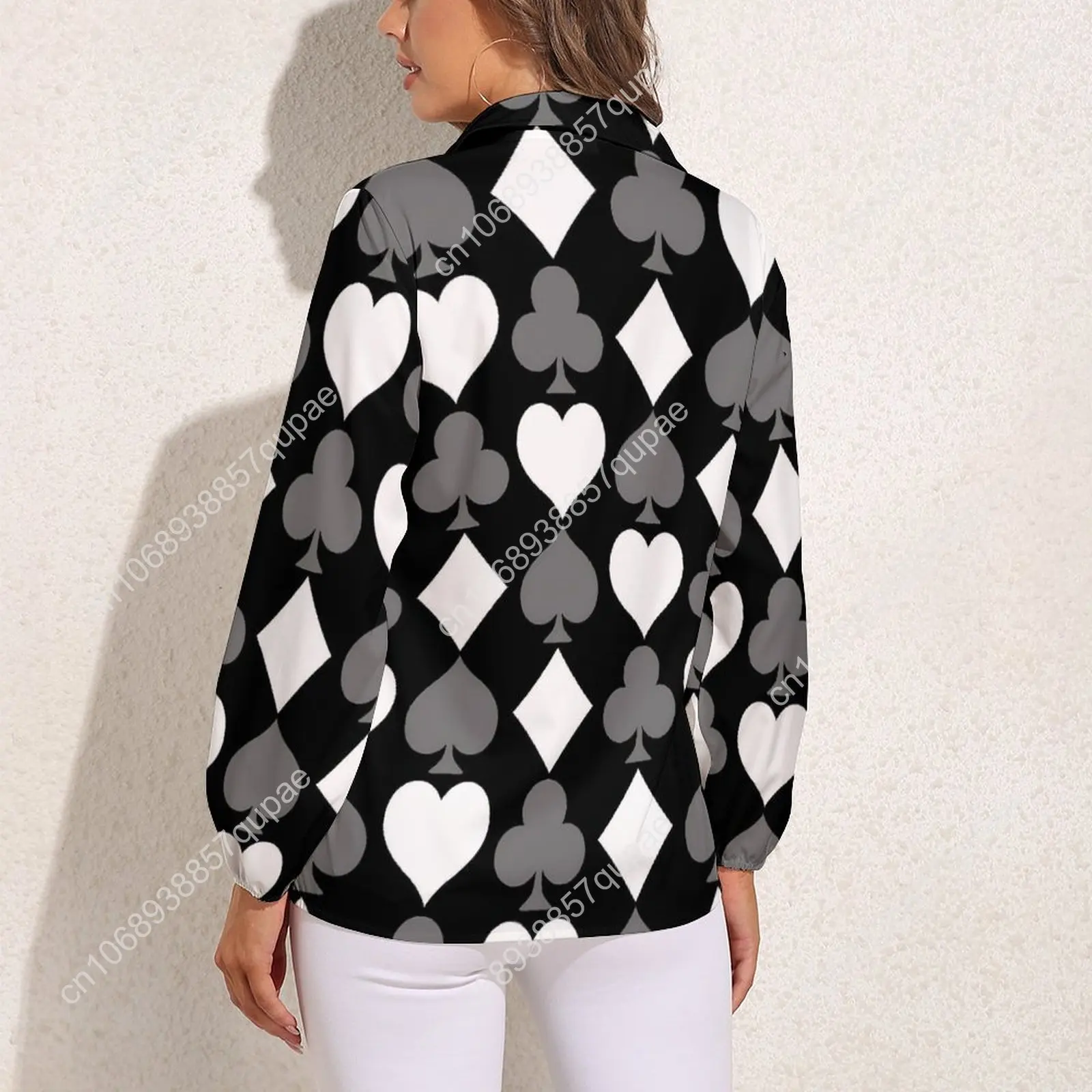 Poker Cards Print Blouse Female Card Suits Casual Loose Blouses Long-Sleeve Modern Shirt Printed Clothing Large Size