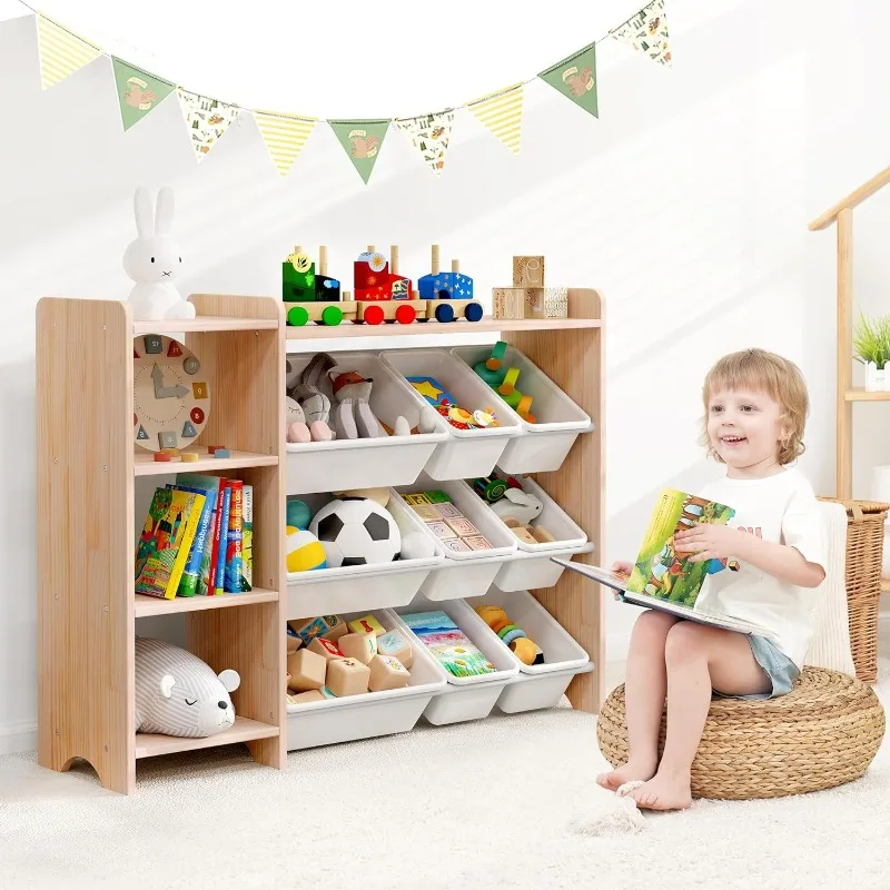 4-Tier Kids' Toy Storage Organizer Shelf - 100% Solid Wood,Children's Storage Cabinet with 9 Plastic Bins and  3 Storage Ports