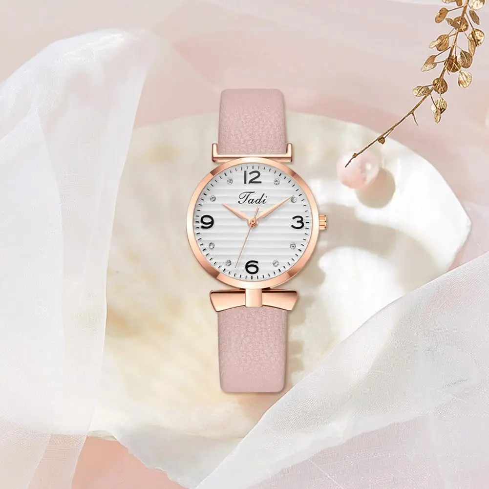 Ladies Quartz Watch Elegant Rhinestone Women's Watch with Metal Bowknot Detail Faux Leather Strap for Ladies for Birthday