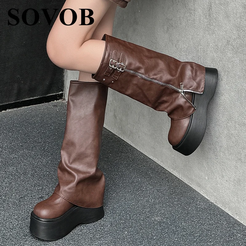 Spring  Autumn Genuine Leather Thick Sole Elevated Mid Length Boots Women's Belt Buckle Round Toe British Versatil Knight Boots