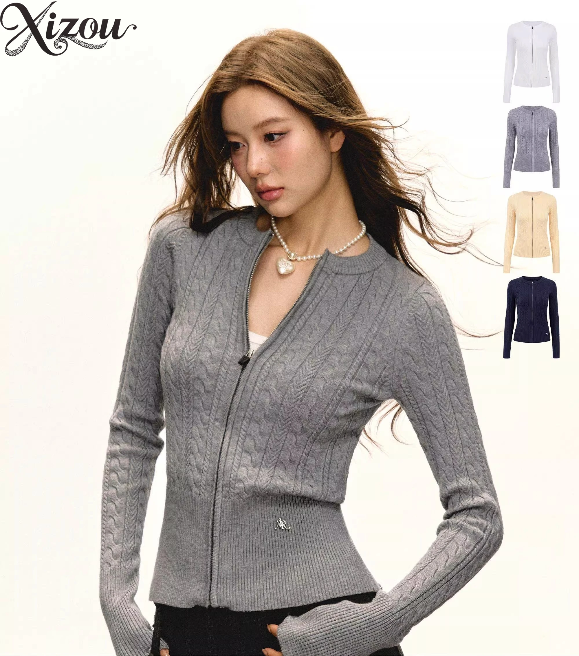 

Women Round Neck Cable Stitch Knitted Cardigan Sweater Slim Fit Zipper Closure Vintage Stand Collar Knit Warm Top Casual 2026