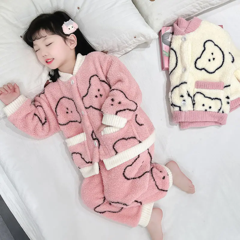 Langarm-Nachtwäsche-Set für Mädchen, Herbst/Winter 2022, neues Korallensamt, Damen-Baby-Kleidungsset aus dickem Flanell für Kinder zu Hause