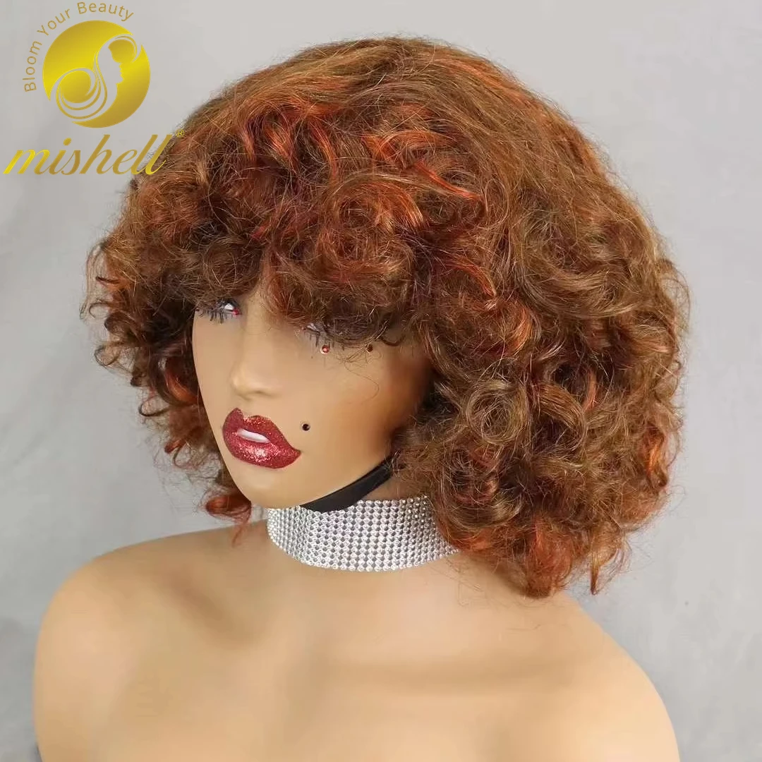 

4/350 Ginger Orange Bouncy Curly Human Hair Wigs 200% Density Short Machine Made Curly Bob Wigs with Bangs PrePlucked for Women