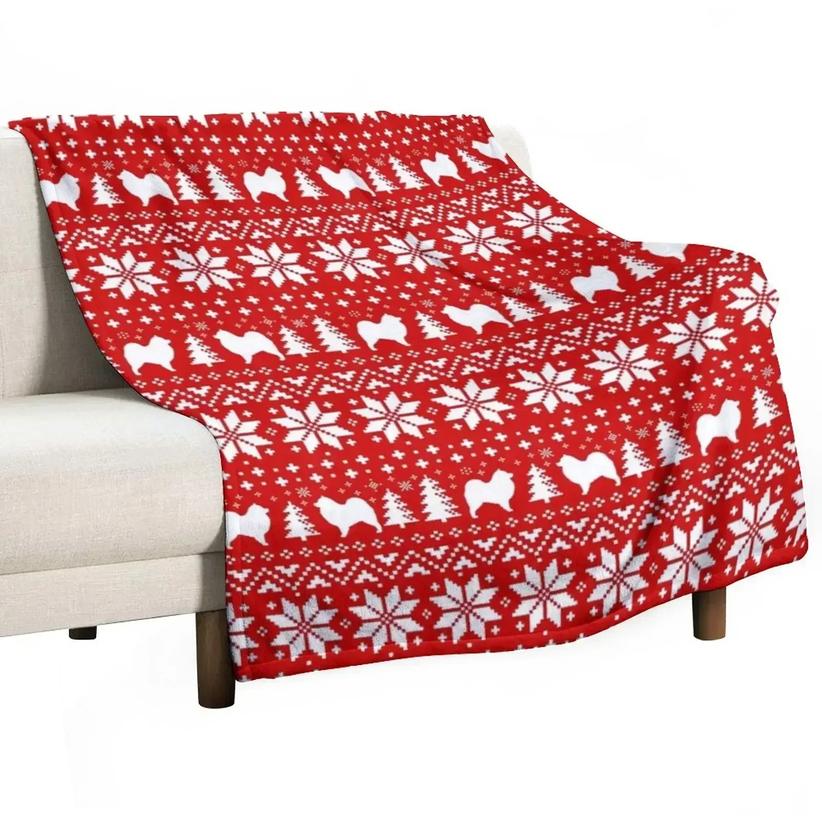 Samoyed Dog Silhouettes Red and White Christmas Holiday Pattern Throw Blanket Beach Hair Warm Quilt Blankets