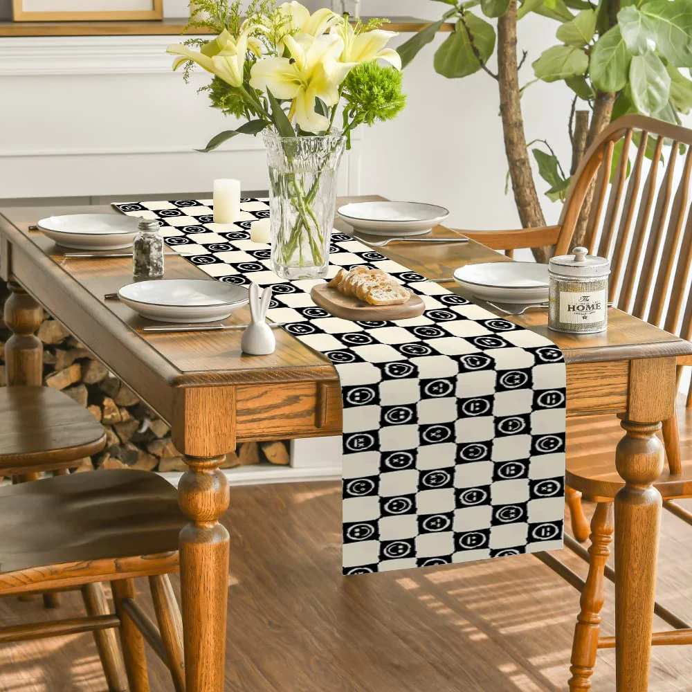 Geometric grid pattern table flag Visual black and white checkered table Runner home kitchen living room table decor