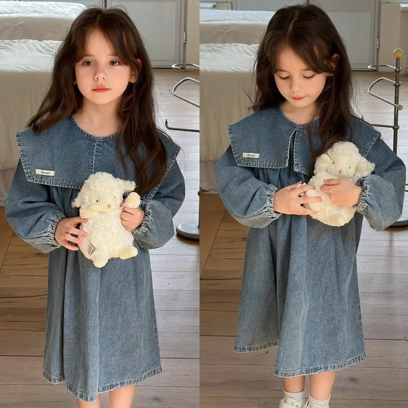 Children Girls Lapel Denim Dress RAISE Autumn Kids Girls Long Sleeve Dress 3-10Yrs Toddler Babys Girls Water Wash A-line Dress