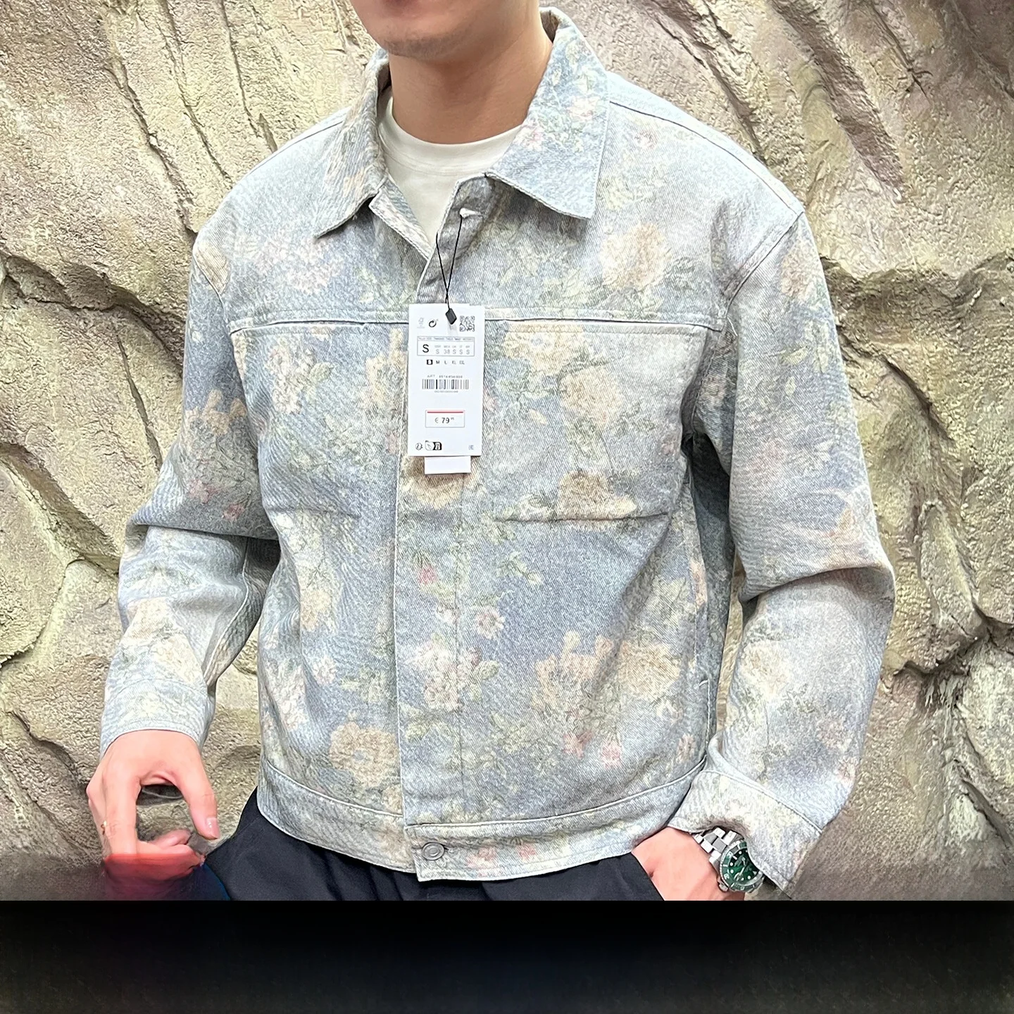 

Retro Waed Floral fiti Loose Fit Denim Jaet ex Autumn Trendy Line Stand Fit Long Sve Windproof