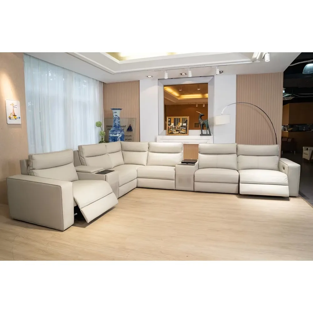 Luxury L Shape Sectional Couch Living Room Home Furniture Leather Electric Recliner Sofa Sets With Fridge Bluetooth Speaker