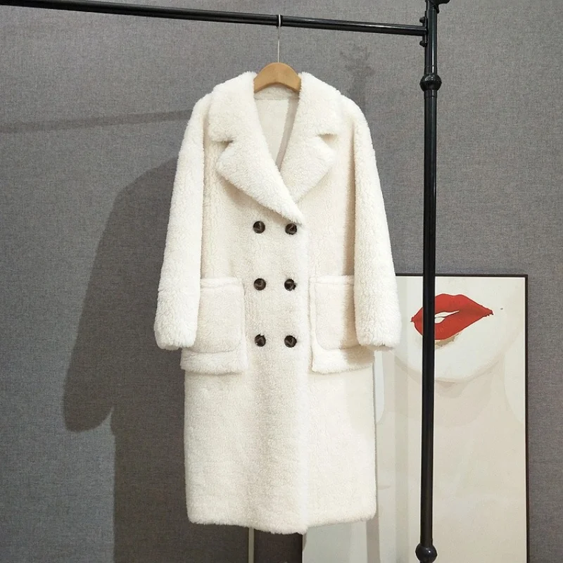 Double-Breasted Suit Collar Lamb Fur Coat Knee-Length Long Sheep Shearling Warm 2025 Winter Outerwear JT511