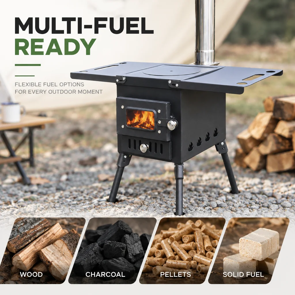 Portable Camping Wood Burning Tent Stove Foldable Multiuse Stove with Side Table Glass Window Outdoor Cooking BBQ Heating