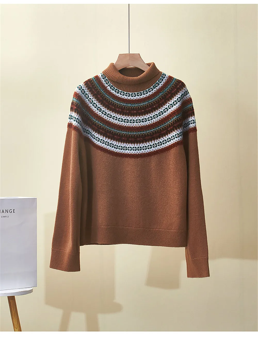 Winter Women's New Semi High Neck Jacquard Knitted Cashmere Pullover Sweater