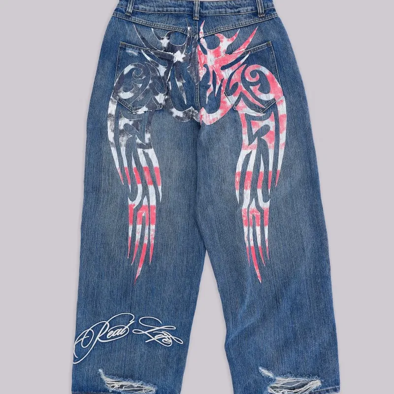 Y2K غسل أجنحة الحرية البيضاء النقية جينز فضفاض 2025 الصيف الاتجاه الطباعة نمط كبير التطهير السراويل سلسلة مختارة