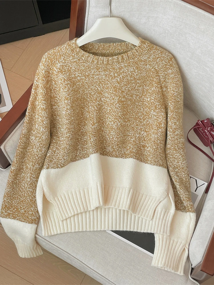 Women Two-tone Pullover Knitted Sweater Harajuku Y2k 90s Aesthetic Long Sleeves Patchwork Cashmere Sweater Vintage 2000s Clothes