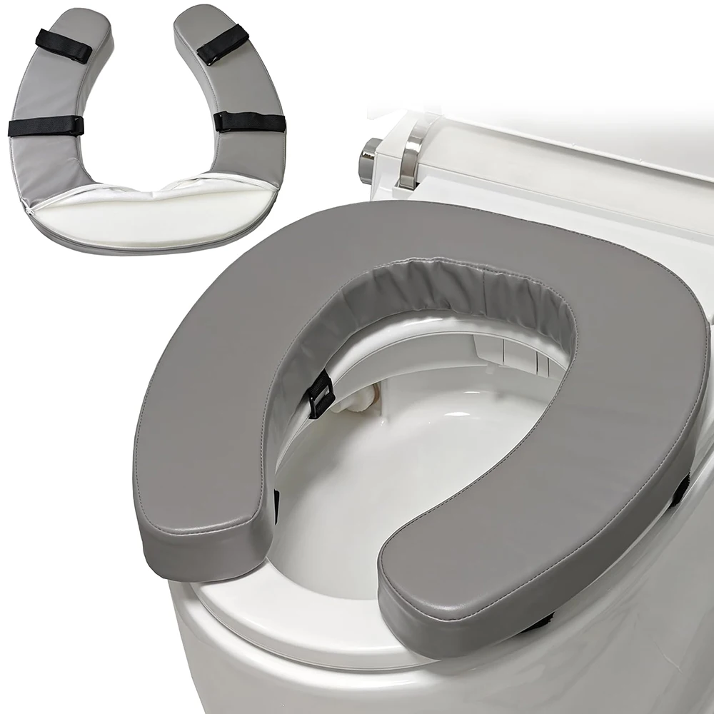 Coussin rehausseur de siège de toilette de 2 pouces avec sangles Velcro, coussin de siège de toilette surélevé en forme de U en mousse haute densité avec revêtement en cuir PU imperméable pour les personnes âgées et les utilisateurs à mobilité réduite.