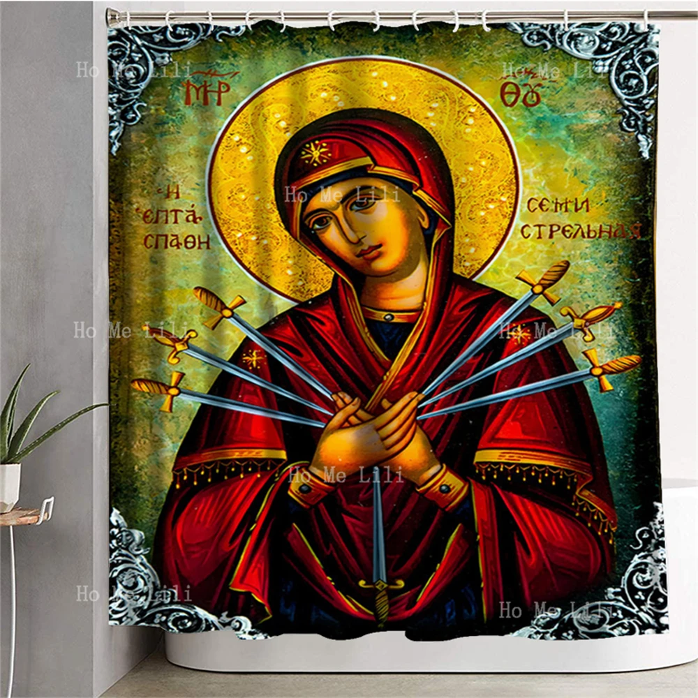 Sorrowful Virgin Mary Seven Swords Greek Christian Orthodox Icon The Mother Of God Shower Curtain For Bathroom Decor