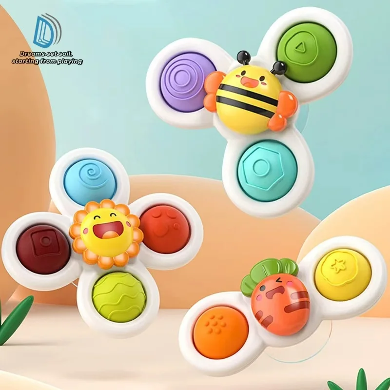 3Pcs Cartoon Insect Fidget Suction Cup Spinner Toy Set Educational Rotating Rattle Baby Bath Toys for Children