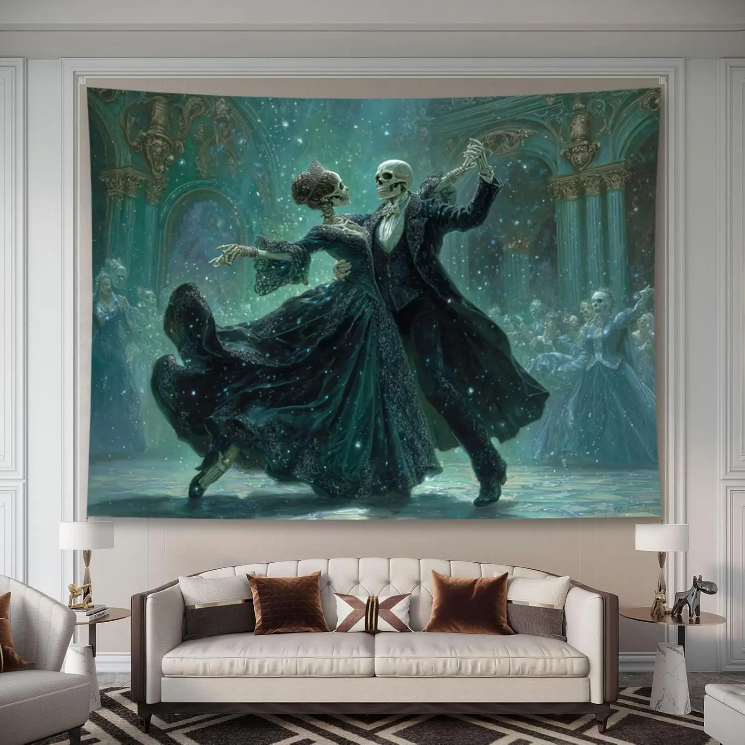 Premium Gothic Tapestry Wall Hanging Dark Academia Romance Skeleton Couple Blue Phantom Art Halloween Decor