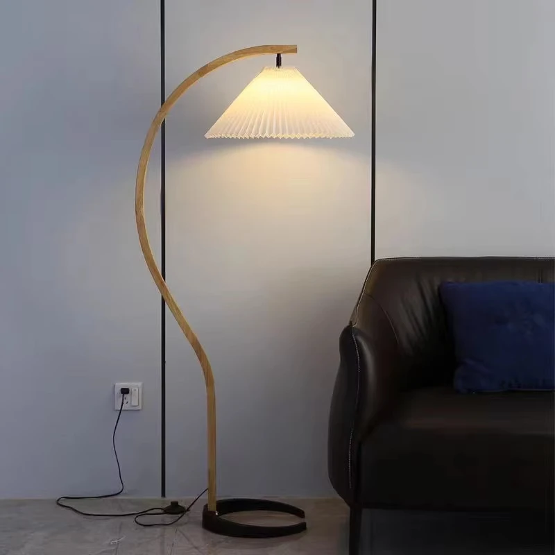 Room Decoration Floor Lamp Atmosphere Living Room High-End Feeling Bedroom Study Pleated Solid Wood Antique Standing Table Lamp